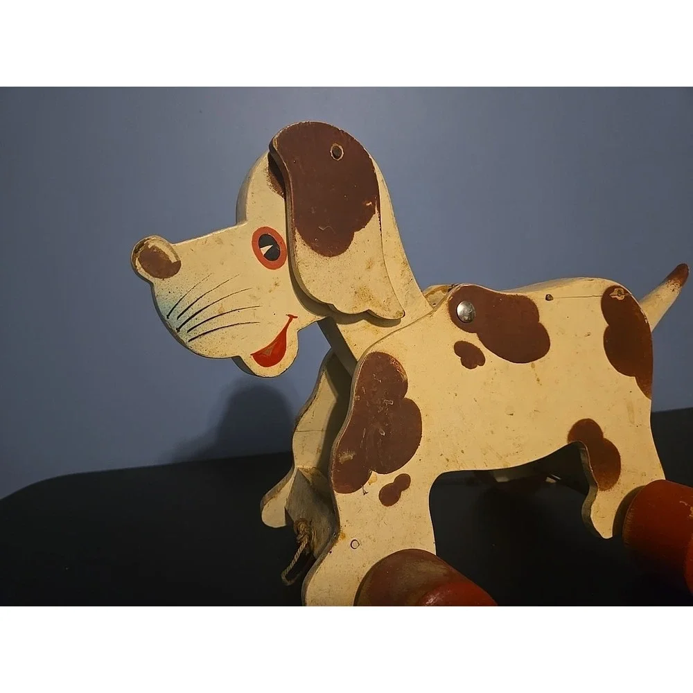 Vintage Antique Playful Dog Pup Pull Toy Dog Wagging Moving Tail And Ears
